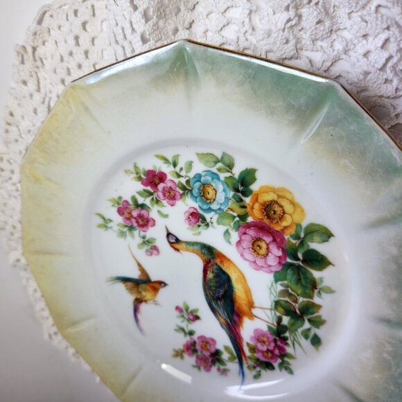 Bird of Paradise Pheasant Plate Made in Germany 7.5" Diameter 12 Sided Floral - Picture 5 of 7